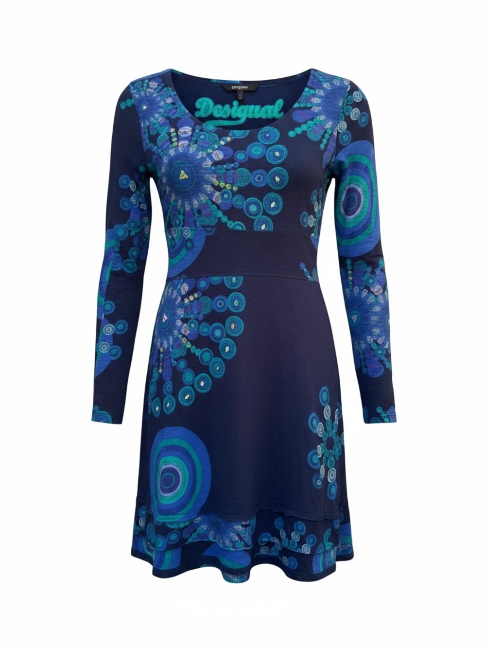 Desigual Navy and Teal Long-Sleeve Printed Fit & Flare Dress